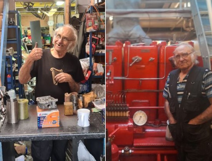 An image edited side by side of the same man standing in his garage smiling by equipment in both images.